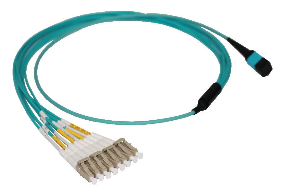 8F MTP Pinned - 4xDLC Multimode OM3 Aqua Fiber Optic Harness Cable