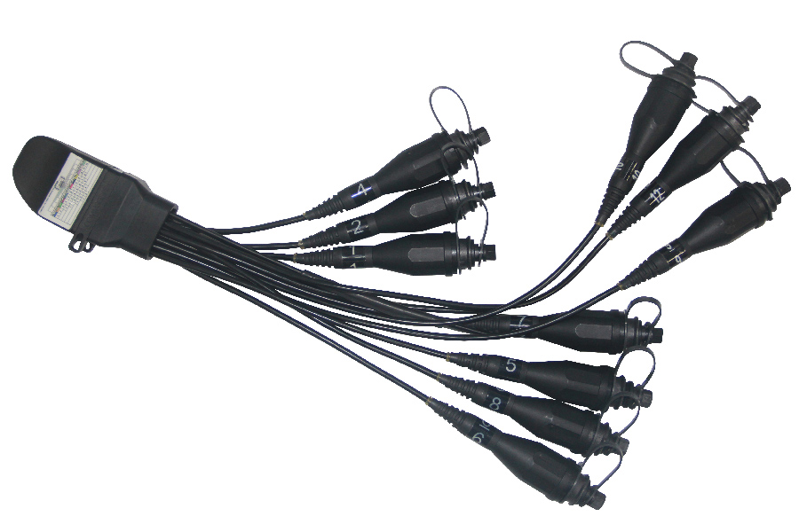 Flexible Service Terminal, 8 Port, 8 Full-size hardened adapters at drop side, Stub tail for field splicing, 25ft/8 m